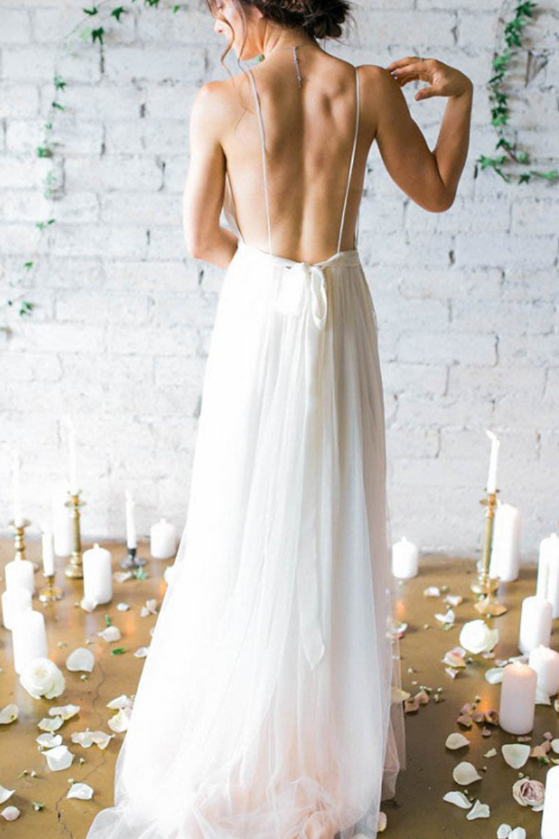 Sexy A-Line Deep V-Neck Backless Chiffon Boho Wedding Dresses with Ple – Angrila
