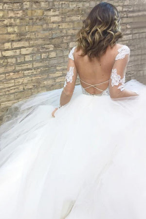 Sleek A-Line Bateau Backless Long Sleeves White Wedding Dresses with Appliques