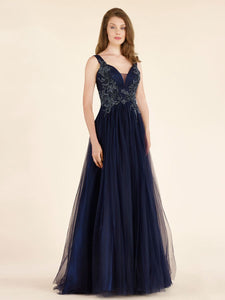 Elegant A-Line Beaded Long Navy Tulle Mother of The Bride Dresses