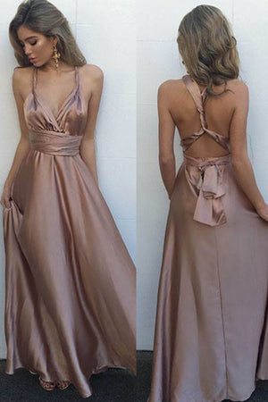 Simple V-Neck Sleeveless Criss-Cross Straps Prom Dress with Pleats