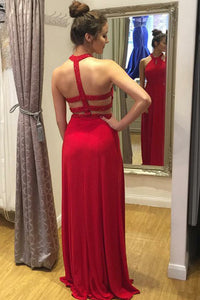 Sexy A-Line Halter Red Long Chiffon Prom Dresses with Beading Keyhole