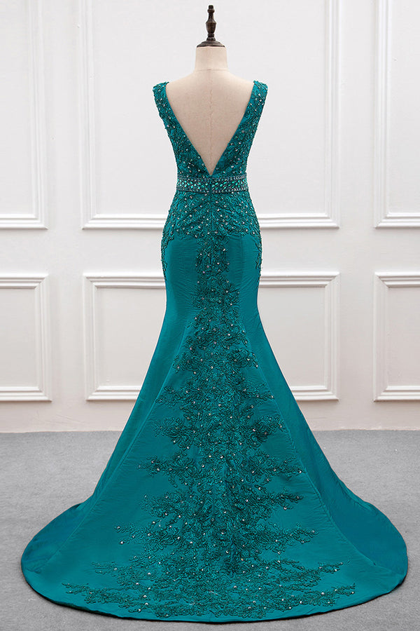 Beaded Plunging Stretch Satin Mermaid Evening Gown