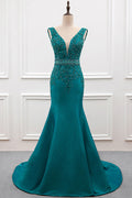 Beaded Plunging Stretch Satin Mermaid Evening Gown