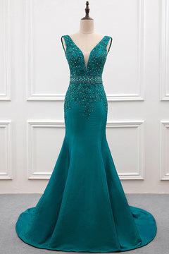 Beaded Plunging Stretch Satin Mermaid Evening Gown