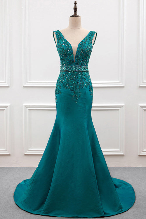 Beaded Plunging Stretch Satin Mermaid Evening Gown