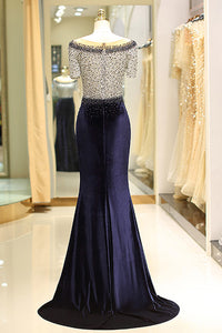 Elegant Beaded Formal Evening Dresses with Short Sleeves