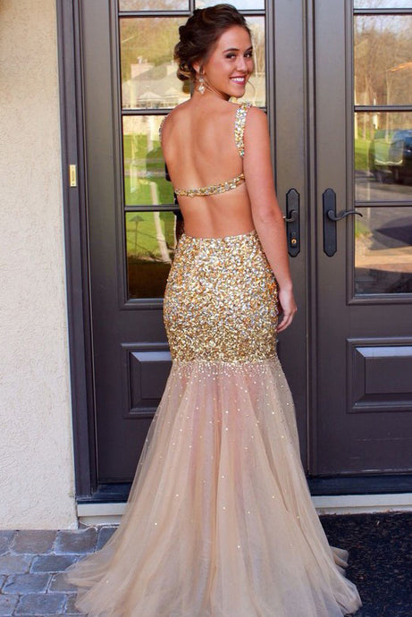 Sexy Mermaid Backless Sleeveless Prom Dresses