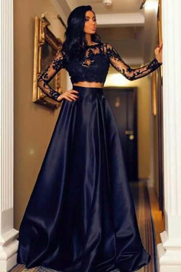 Two Pieces Black Satin & Lace Prom Dresses with Long Sleeves Secondary image