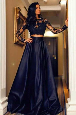 Two Pieces Black Satin & Lace Prom Dresses with Long Sleeves
