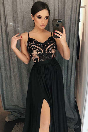 Sexy Black V-Neck Lace Evening Gowns