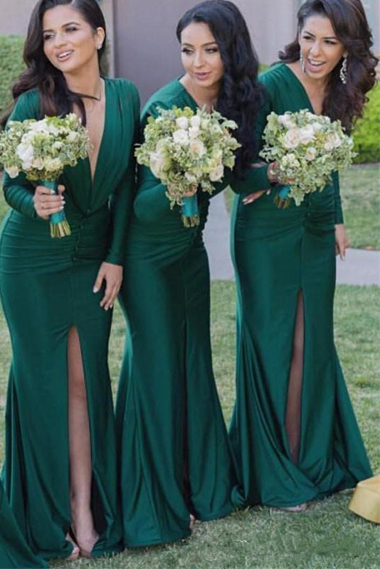 Sexy Mermaid Long Sleeves V-Neck Pleats Front Split Bridesmaid Dresses –  Angrila