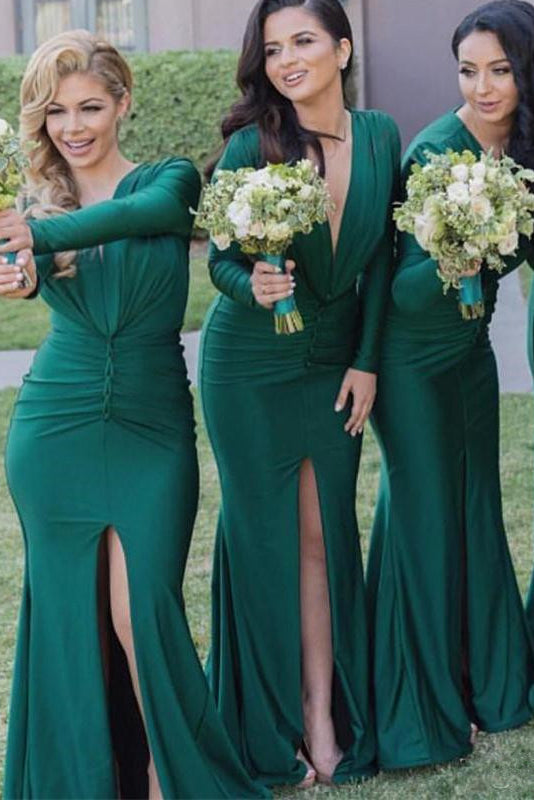 Long-Sleeve Ruched Stretch Jersey Mermaid Bridesmaid Dress with Slit