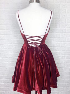A-Line V-neck Short/Mini Velvet Homecoming Dress With Back Tie Design