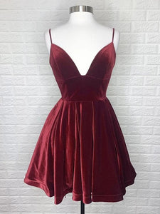 A-Line V-neck Short/Mini Velvet Homecoming Dress With Back Tie Design