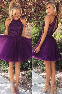 A-line Halter Sleeveless Short Tulle Homecoming Dresses with Beading