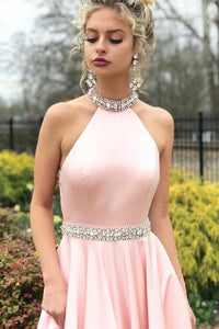 Elegant Halter Beading Satin Prom Dresses