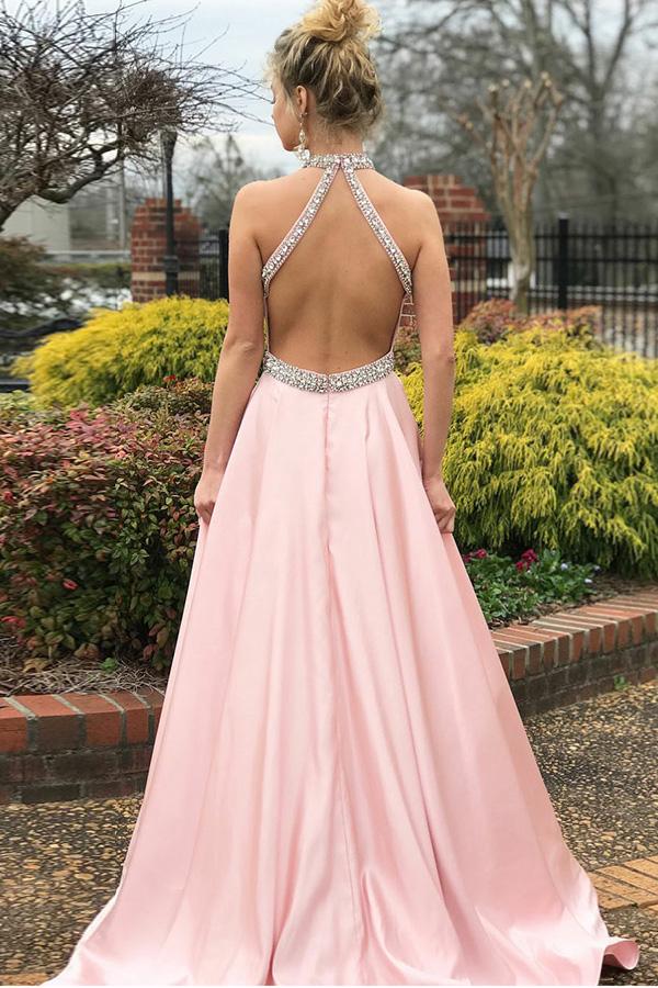 Elegant Halter Beading Satin Prom Dresses