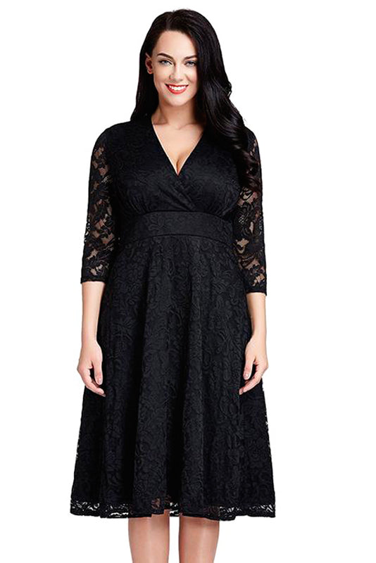 Short 3/4-Sleeve V-Neck Lace A-Line Mother of the Bride Dress