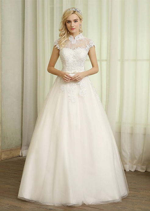 High Neck Lace Top Floor Length Backless Ball Wedding Dress