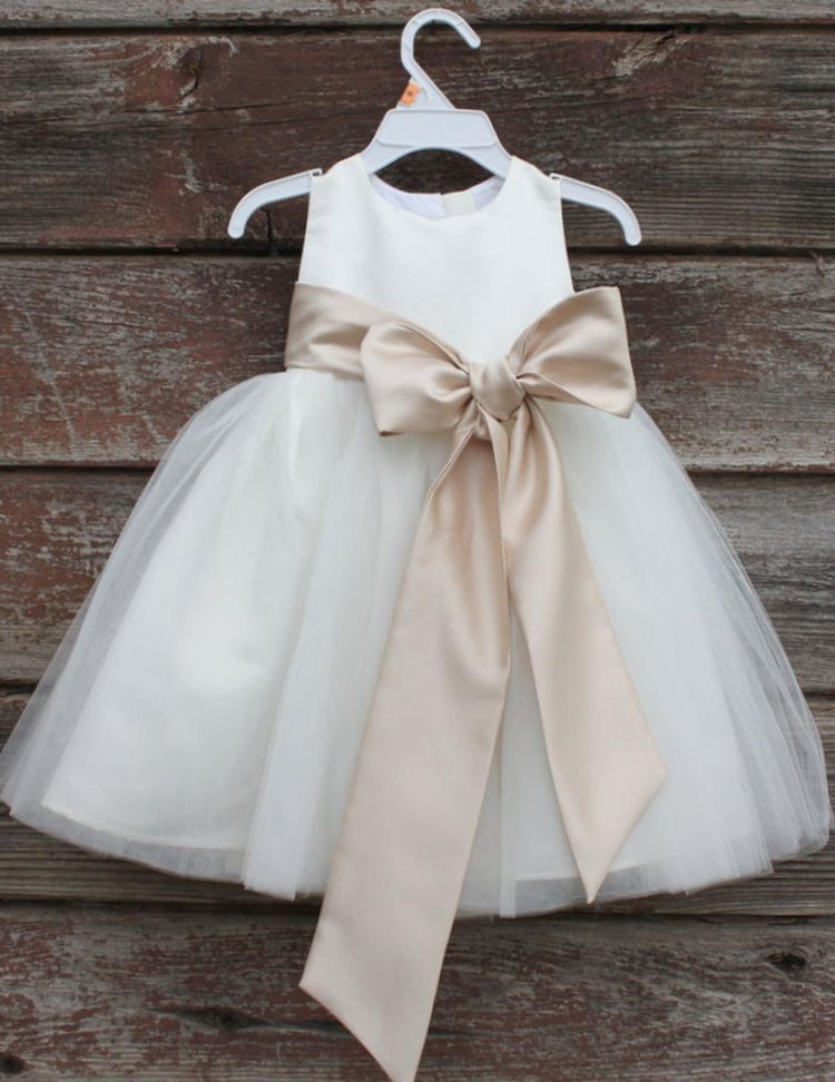 Tea-Length Satin and Tulle Flower Girl Dress with Ribbon Bow