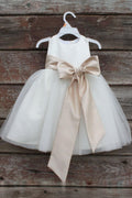 Ivory-Champagne Tea-Length Satin and Tulle Flower Girl Dress with Ribbon Bow