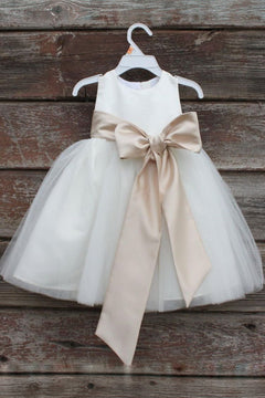 Ivory-Champagne Tea-Length Satin and Tulle Flower Girl Dress with Ribbon Bow