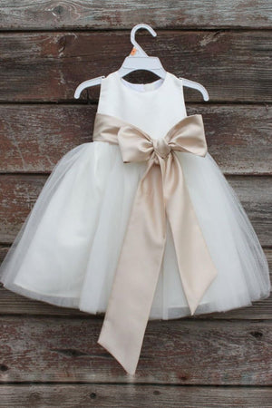 Ivory-Champagne Tea-Length Satin and Tulle Flower Girl Dress with Ribbon Bow