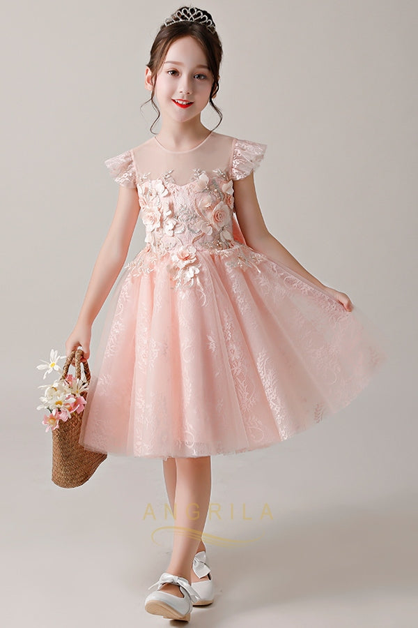 Short 3D Floral Tulle A-Line Flower Girl Dress with Cap Sleeves