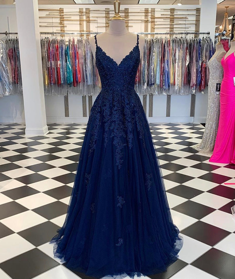 Navy Blue A-Line V-neck Floor-Length Chiffon Prom Dresses With Lace Sequins Main image
