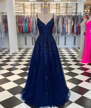 Navy Blue A-Line V-neck Floor-Length Chiffon Prom Dresses With Lace Sequins
