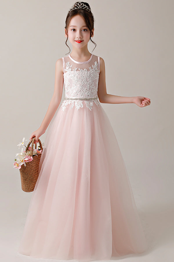 Lace-Appliqued Tulle A-Line Flower Girl Dress