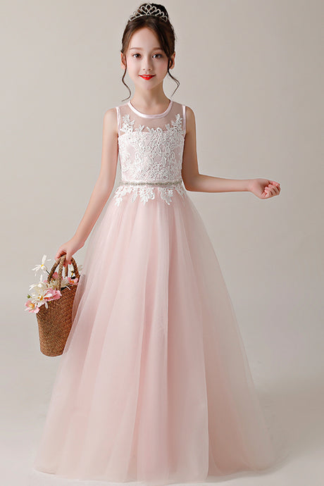 A-line/Princess Jewel Neckline Flower Girl Dresses with Lace Appliques