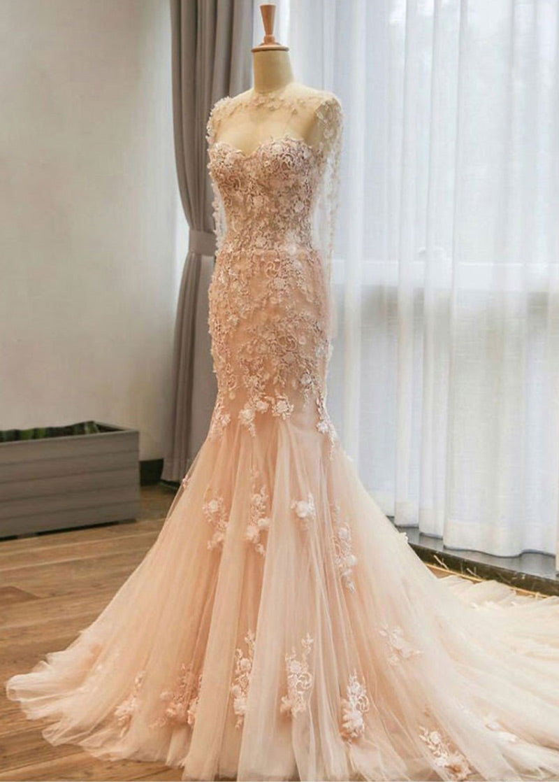 Fantastic Mermaid Tulle Wedding Dresses with Lace Appliques 3D
