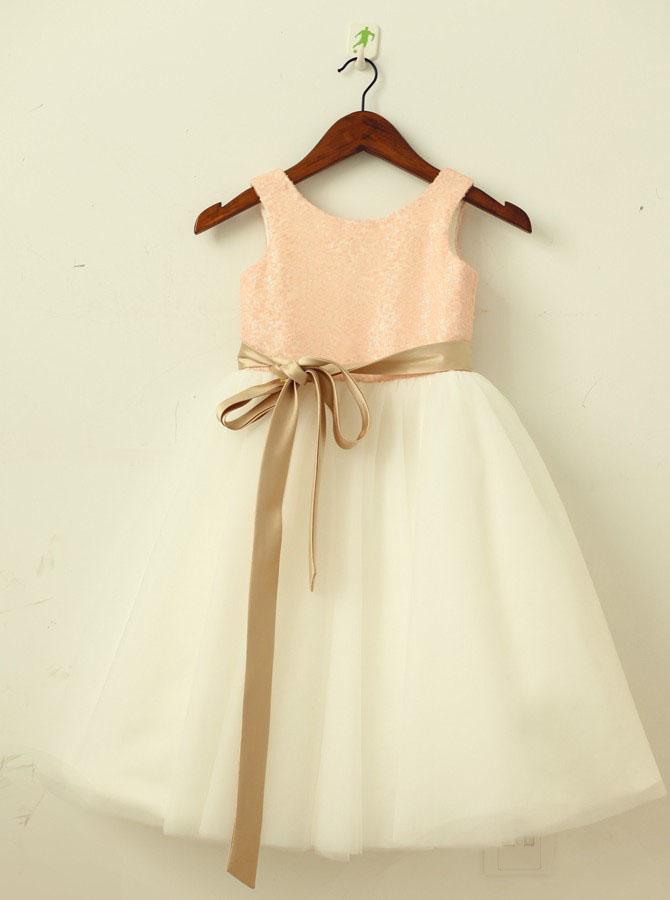 Satin and Tulle Tea-Length Flower Girl Dress with Ribbon Sash