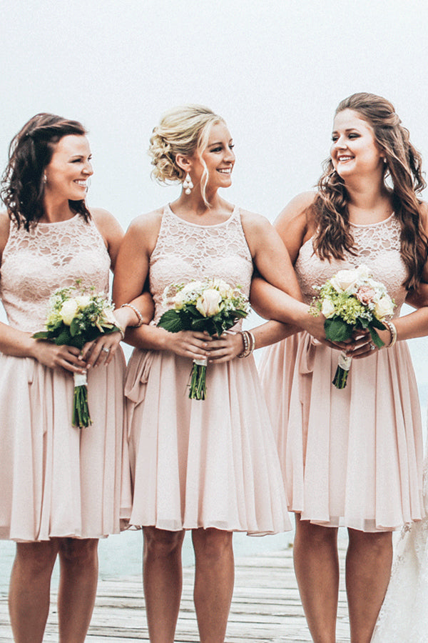 Keyhole-Back Short Lace and Chiffon A-Line Bridesmaid Dress