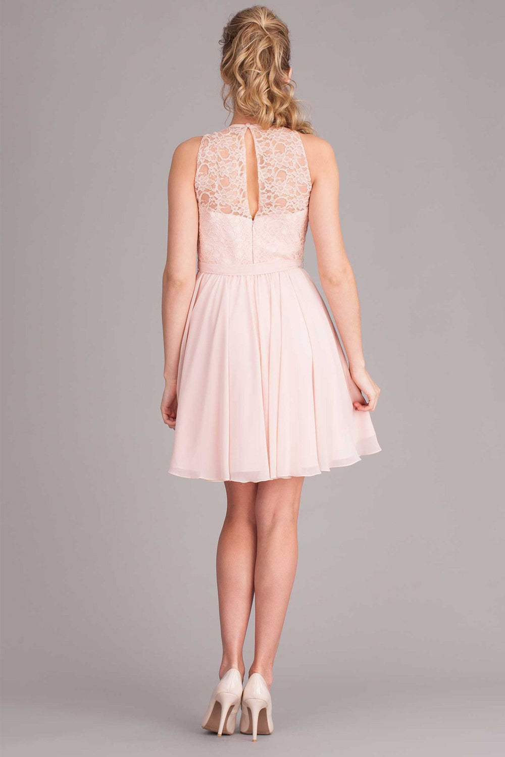 Keyhole-Back Short Lace and Chiffon A-Line Bridesmaid Dress