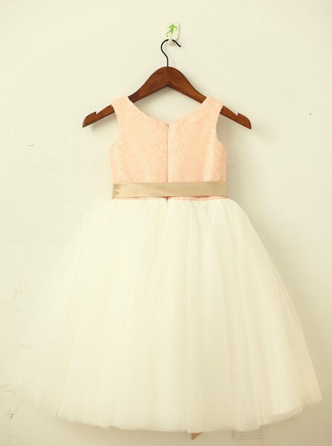 Satin and Tulle Tea-Length Flower Girl Dress with Ribbon Sash