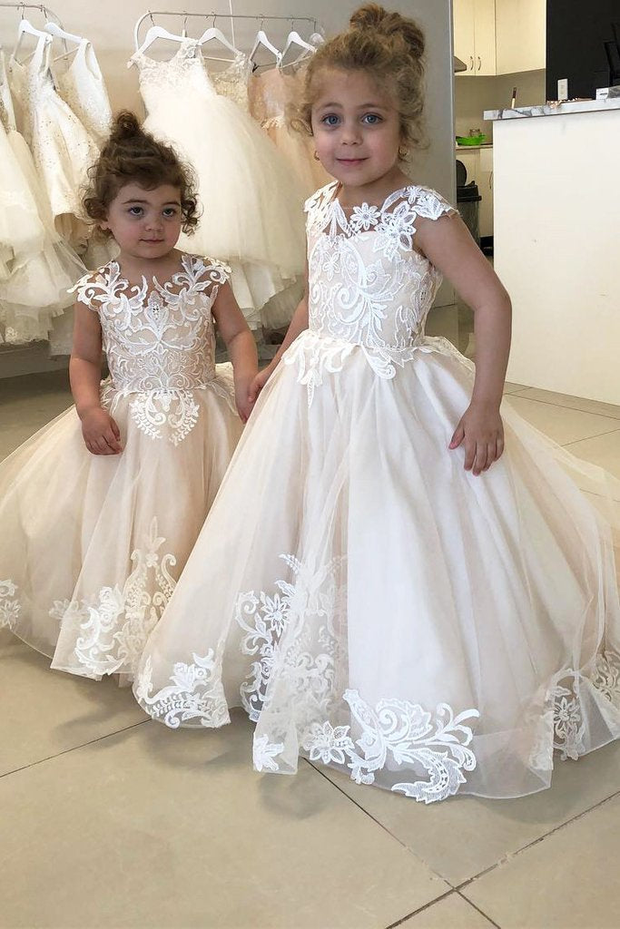 V-Back Lace and Tulle A-Line Flower Girl Dress with Lace Train