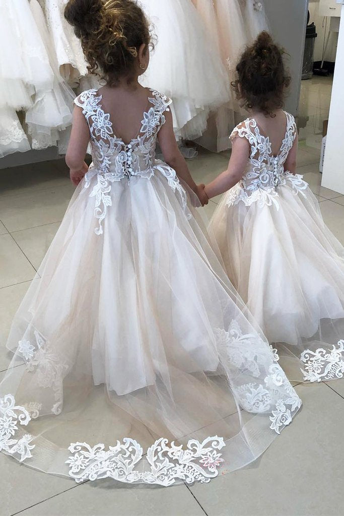 V-Back Lace and Tulle A-Line Flower Girl Dress with Lace Train