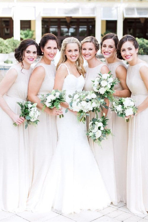 Gathered Round-Neck Chiffon A-Line Bridesmaid Dress