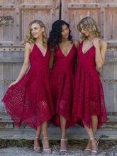 Spaghetti Straps Asymmetrical Deep V-Neck Lace Bridesmaid Dresses