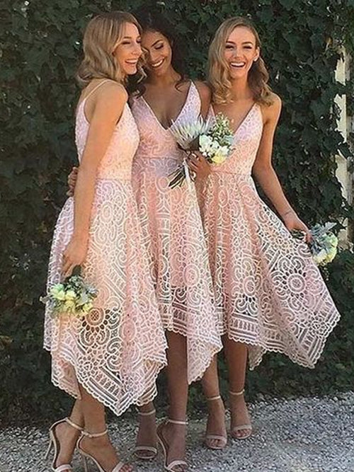 Plunging Lace A-Line Bridesmaid Dress with Handkerchief Hem