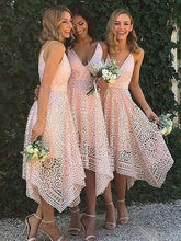 Spaghetti Straps Asymmetrical Deep V-Neck Lace Bridesmaid Dresses