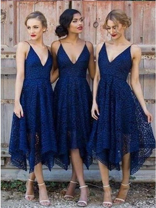 Spaghetti Straps Asymmetrical Deep V-Neck Lace Bridesmaid Dresses Main image