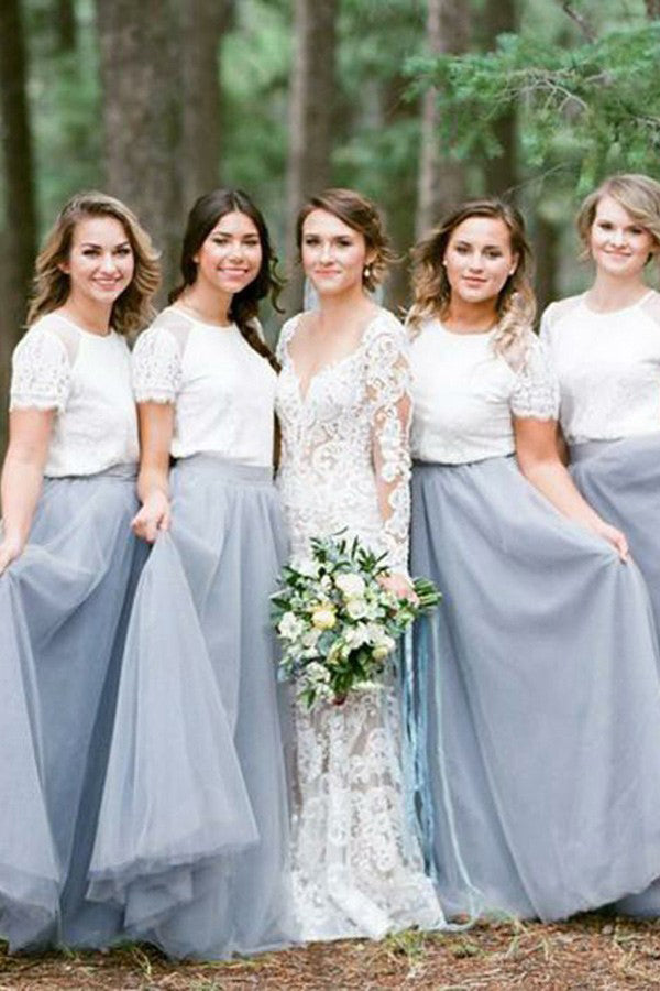 Short-Sleeve Two-Piece Lace and Tulle A-Line Bridesmaid Dress