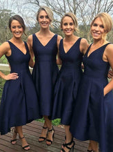 V-Neck Royal Blue Satin Bridesmaid Dress