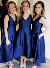 V-Neck Royal Blue Satin Bridesmaid Dress