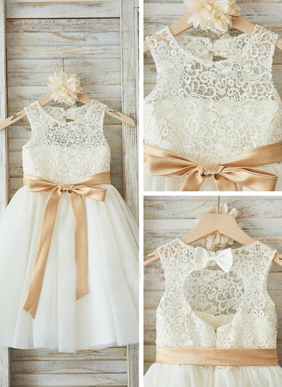 Lace and Tulle A-Line Flower Girl Dress with Keyhole Back