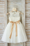 Ivory-Champagne Lace and Tulle A-Line Flower Girl Dress with Keyhole Back