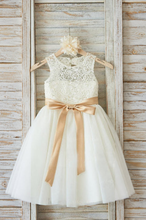 Ivory-Champagne Lace and Tulle A-Line Flower Girl Dress with Keyhole Back